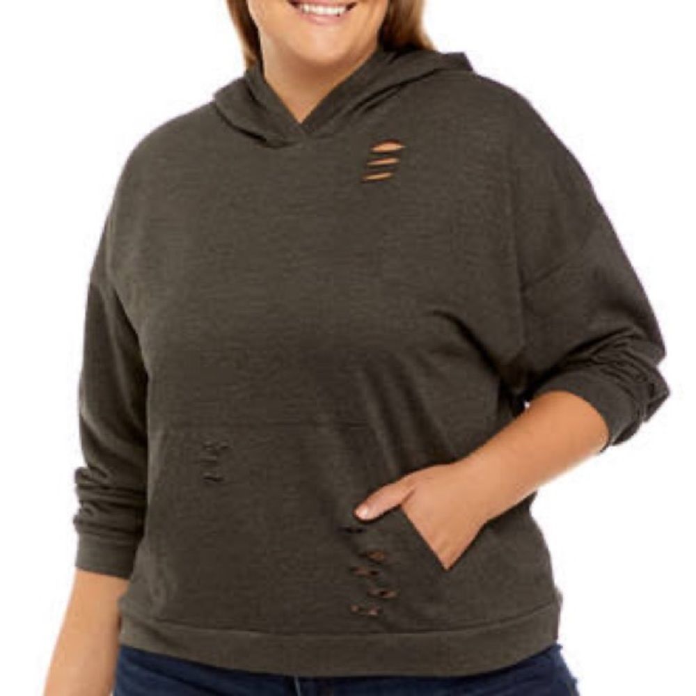 Jolie & Joy Dark Gray Distressed Hooded Sweatshirt Size 2X Comfy